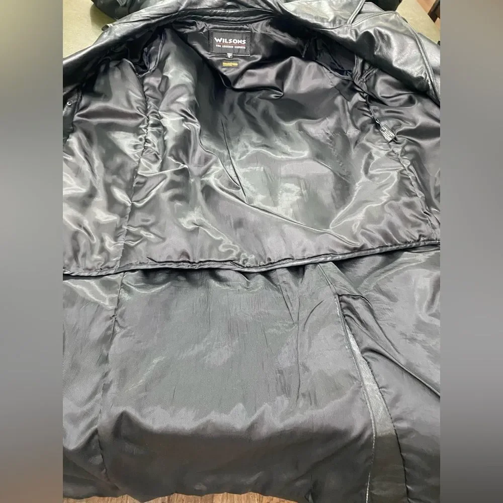 Wilson’s Blk Leather Double Breasted Belted Button Up Full Length Trench Coat M - Picture 10 of 14